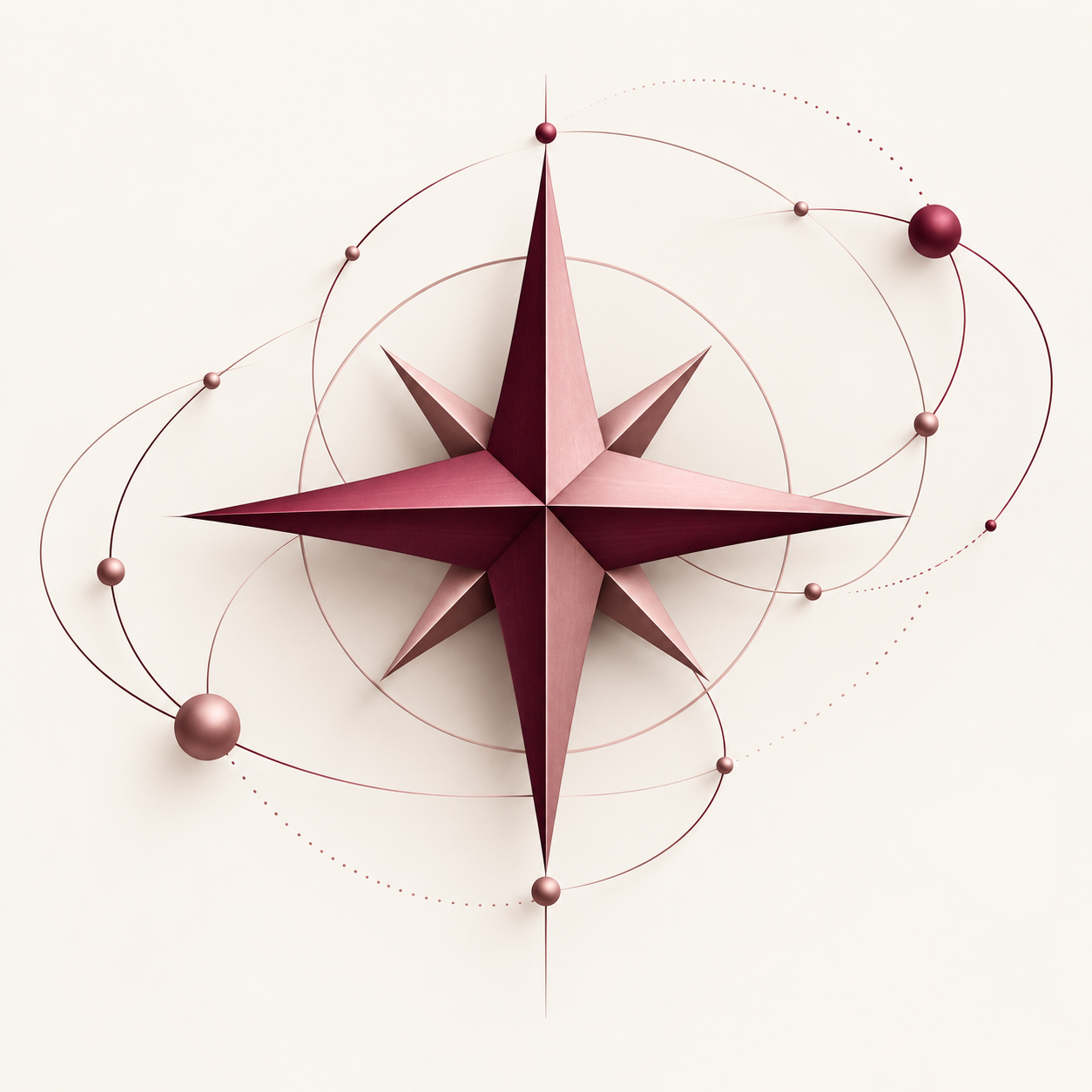 Burgundy and rose compass surrounded by connected pathways, representing strategic direction